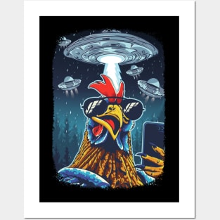 Rooster UFO Funny Chicken Meme Invasion Retro Alien Posters and Art